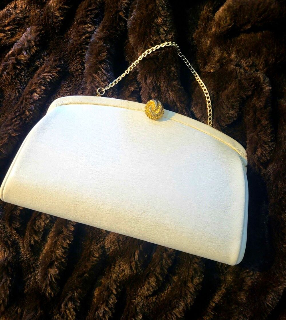 Retro MCM Ivory Vinyl 1960s Mod Kiss Lock Old Hollywood Vibe Frame Handbag ret